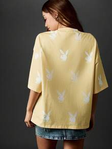 Missguided x Playboy Bunny Oversized T-Shirt All Over Print Retro Style Casual Streetwear Short Sleeve Cotton Tee Summer Festival Y2K Fashion Top - Mustard Yellow - View 2