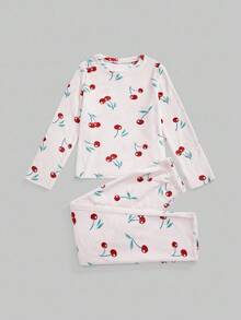 ROMWE Kawaii Cute Big Cherry Flannel Long Sleeve Top & Long Pants Women Pajama Set, Fluffy Cozy Winter Clothes - White - View 1