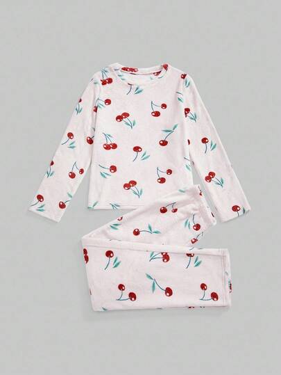 Kawaii Cute Big Cherry Flannel Long Sleeve Top & Long Pants Women Pajama Set, Fluffy Cozy Winter Clothes
