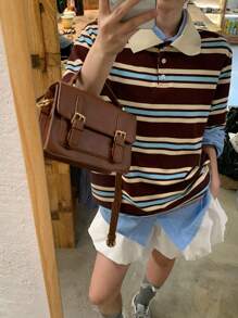 DAZY 女士条纹休闲韩版短袖T恤，适合返校季 - 咖啡棕 - 查看 7