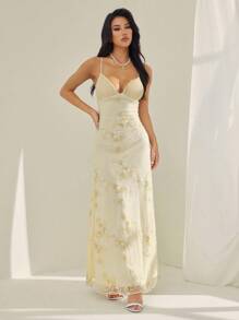 SHEIN PETITE Women's Sexy Elegant Deep V Ruched Bust Embroidered Fitted Waist Romantic Embroidered Dress Gold Long Dress Champagne Dress Low Cut Dress Goddess Dress Dress With Built In Bra - Apricot - View 6