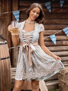 SHEIN Frenchy 女式荷叶边系带设计网眼拼布无袖中长连衣裙，连衣裙 - 杏色 - 查看 1