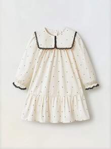 SHEIN Maija Kids 少女波点图案荷叶边下摆宽松可爱连衣裙 - 杏色 - 查看 4