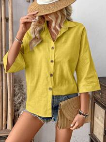 EMERY ROSE 女士简约纯色纽扣宽松袖口衬衫 女士休闲春季宽松纽扣衬衫 女士纽扣衬衫 女士夏季衬衫 亚麻纽扣衬衫 女士黄色亚麻衬衫 - 黃色 - 查看 5