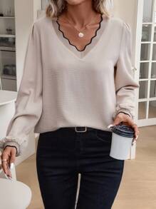 SHEIN Frenchy Teacher Outfits Earthy Clothes Scallop Trim Lantern Sleeve Blouse,Commute,Office,Old Money,Simple,Minimalist, Winter Casual - Apricot - View 4