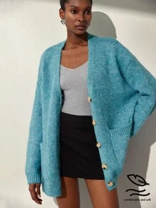 Aveloria Modichic Áo len cardigan dệt kim cỡ lớn mềm mại và ấm áp màu xanh biển, dài vừa, thu/đông - Màu xanh lam - Xem 1