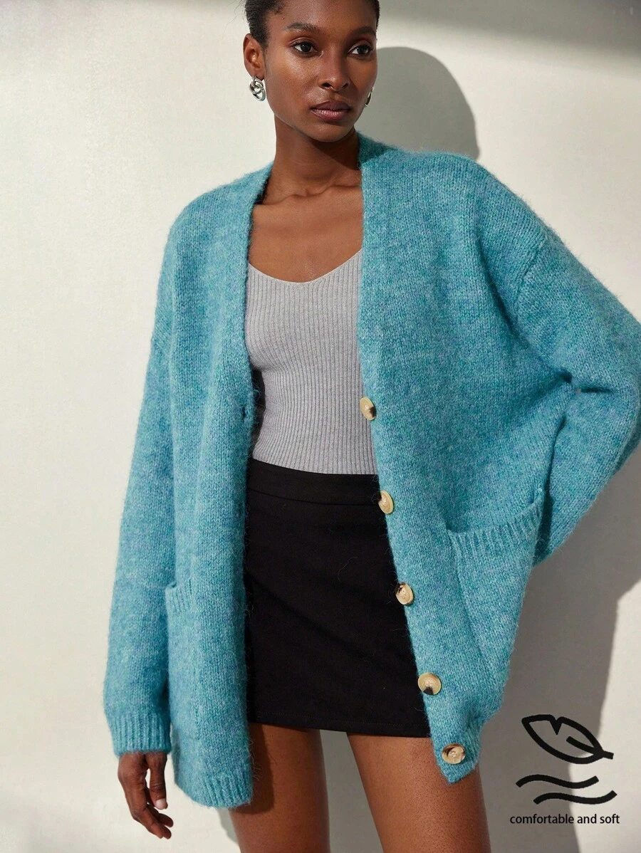 Aveloria Modichic Áo len cardigan dệt kim cỡ lớn mềm mại và ấm áp màu xanh biển, dài vừa, thu/đông - Màu xanh lam - Xem 1