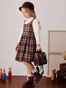 PrepCrw 女童格子拼接长袖连衣裙，学院风女童格子连衣裙，棕色格子连衣裙，女童棕色格子背带裙，女童格子背带裙，棕色格子连衣裙，女童 - 彩色 - 查看 5