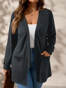 SHEIN Clasi Chaqueta holgada de manga larga con bolsillo, de punto en color gris oscuro, talla grande