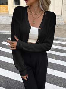 Serisse 秋冬纯色落肩纽扣短款开衫、长袖上衣、针织毛衣 - 黑色 - 查看 3