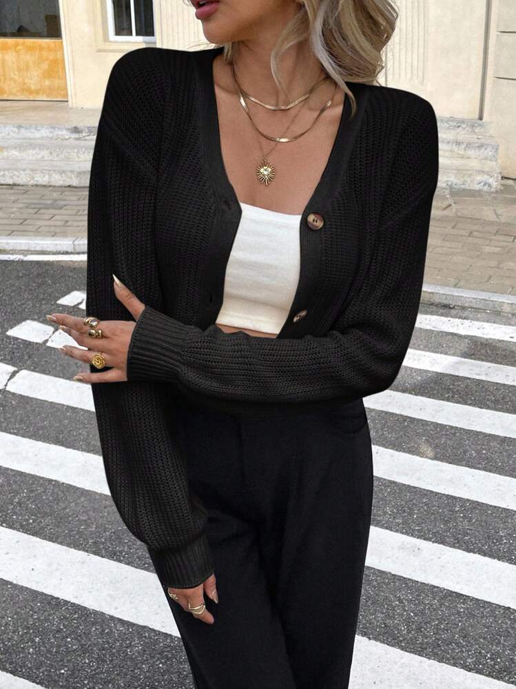 Serisse Cardigan Cropped com Botões e Ombros Caídos, Manga Longa