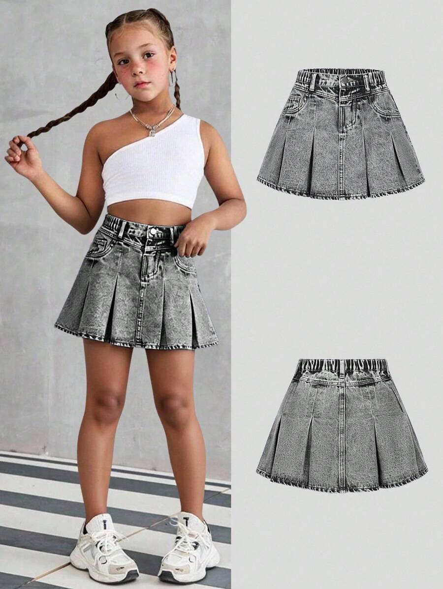 SHEIN Tween Girls Vintage Washed Denim Fashionable Versatile Comfortable Casual Minimalist Elastic Waist Pleated Denim Skirt