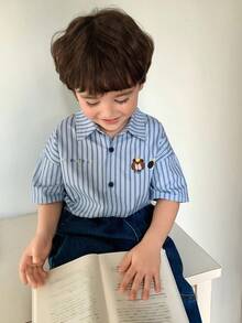 DAZY 幼儿男童条纹短袖休闲衬衫，卡通图案宽松版型，秋季 - 藍色 - 查看 6