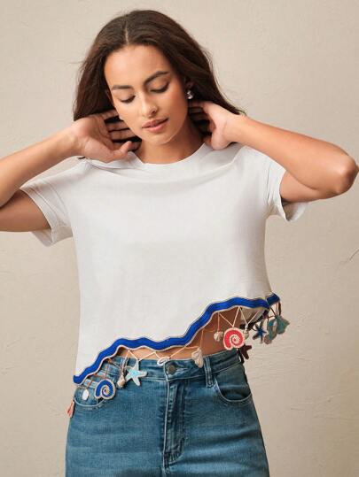 Anewsta تي شيرت نسائي بتصميم عنصر المحيط للعطلات