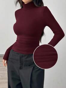 SHEIN EZwear Encore 红色针织高领紧身长袖T恤女款长袖上衣高领上衣，红色紧身上衣 - 酒紅色 - 查看 6