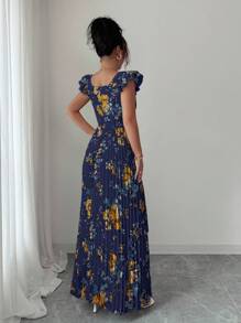 Elenzga 女士印花方领荷叶袖褶裥下摆连衣裙，优雅度假之选