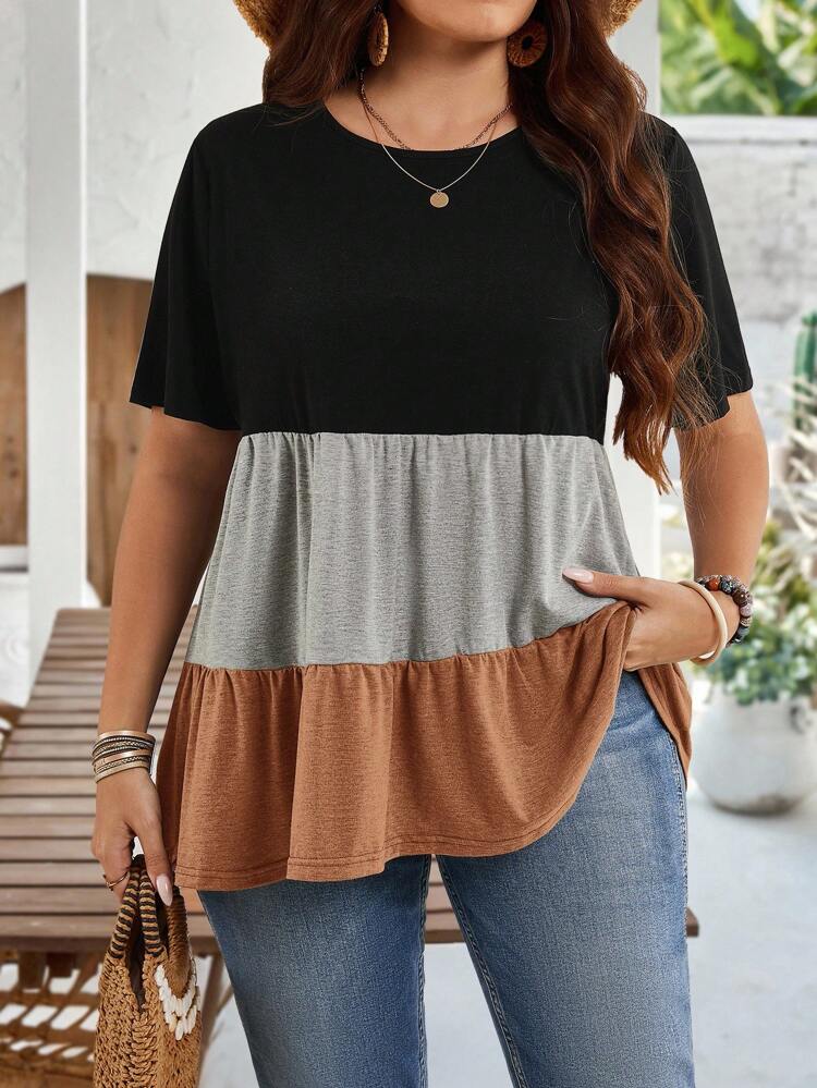 Plus Size Women Colorblock Round Neck Short Sleeve Ruffle Hem Casual Tunic Tops For Spring And Summer Mother's Day Plus Size T-Shirts Plus Size Casual Tops Women Plus Size Tops Fall Women Clothes