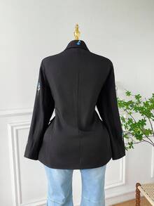 SHEIN EZwear 大码女式黑色翻领实用口袋刺绣花朵西装外套，秋冬，秋季，教师，工作，商务，办公室，学校，外出 - 黑色 - 查看 2
