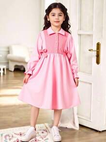 Vestido camisa de manga larga con decoración de moño 2 en 1 para niñas, minimalista y versátil de moda casual, vestido rosa de primavera y otoño para niñas, vestido de manga larga para niñas - Rosa - View 1