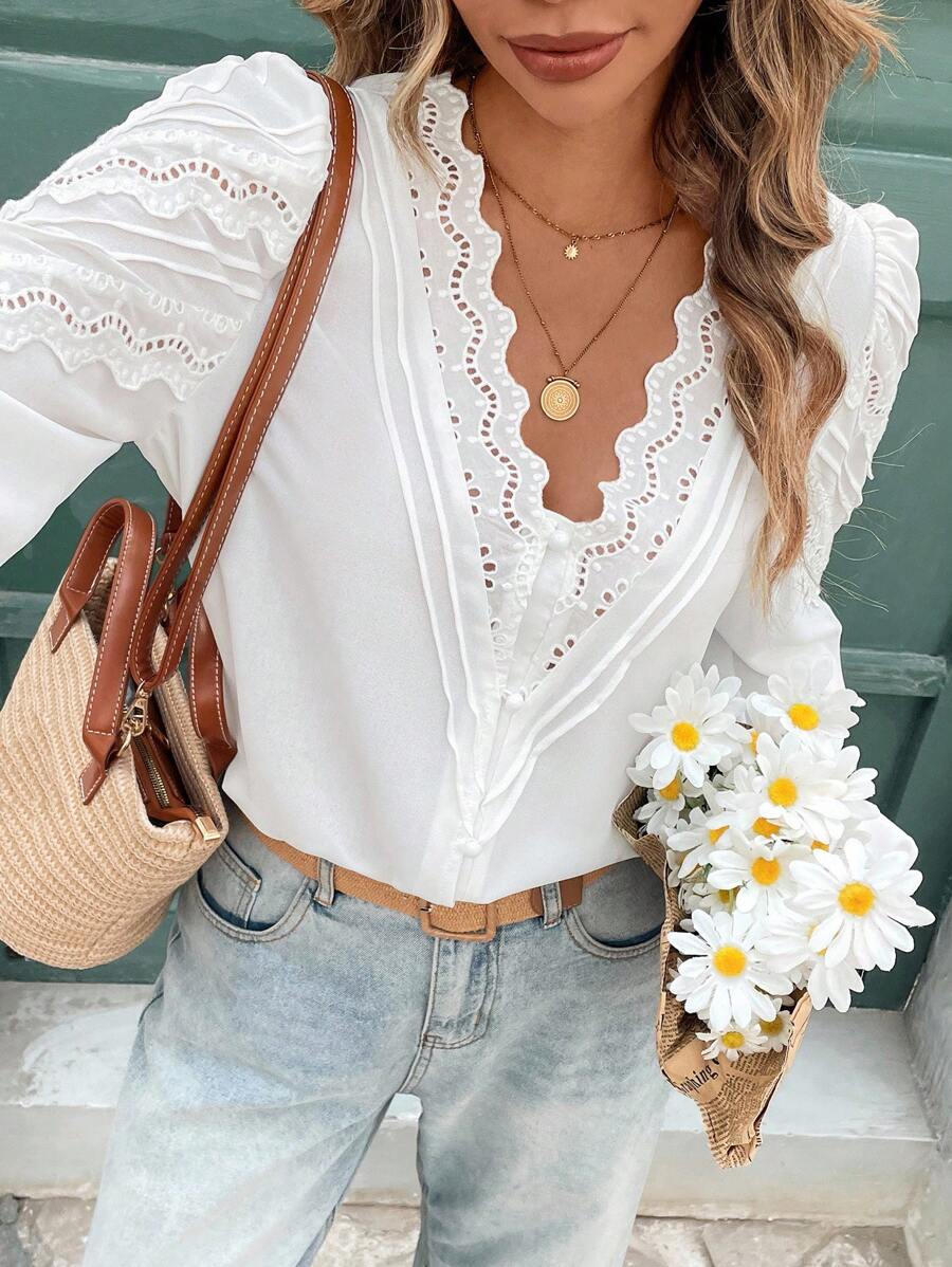 SHEIN Frenchy Vacation Casual Solid Color Hollow Out Embroidered Puff Sleeve Shirt Winter White - White - View 1