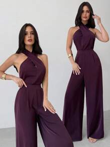 Firerie طقم مكون من قطعتين من لباس علوي مكشوفة الظهر وبنطلون واسع الساق وخصر مرتفع، مناسب للارتداء اليومي والعطلات، أنيق وعصري، مناسب للارتداء خارج المنزل، مناسب للارتداء اليومي والعطلات، باللون البنفسجي الباذنجاني