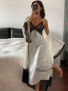 DAZY Women's Sleepwear Pajama Set: Contrast Color Lace Patchwork Belted Robe & Slip Sleep Dress Pajama Fall Winter Clothes - Beige - View 7