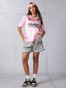 Streetz SHEIN Sport Women's Light Pink Summmer Athleisure Graphic Workout Brazil Letter Striped Jersey,Y2k Soccer Basketball Sports Outfit Athletic Matching Set Clothes - Pink - View 6