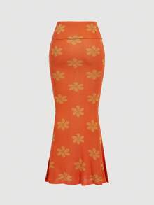 SHEIN MOD Women's Elegant Floral Pattern Mermaid Hem Knit Skirt In Fall/Winter - Orange - View 2