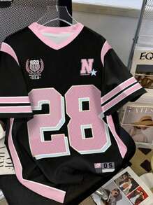 SHEIN Girlism 少女 2 色复古街头运动学院风数字 28 和字母图案宽松 V 领短袖 T 恤，少女夏季，轻松舒适，适合儿童秋季分层穿着，时尚儿童，休闲装，儿童图案，返校，秋季，返校节 - 彩色 - 查看 4