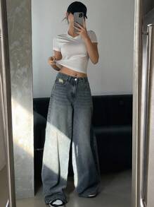 Dazy Tall 女式高腰破洞装饰宽松直筒牛仔裤，休闲街头风格裤子