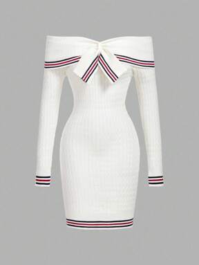 SHEIN MOD Women's White Off-Shoulder Long Sleeve Bow Knit Dress In Fall/Winter