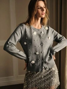 MOTF PREMIUM Cardigan Kancing Depan dengan Hiasan Mutiara Imitasi & Batu Permata untuk Musim Gugur & Musim Dingin - Grey - View 6