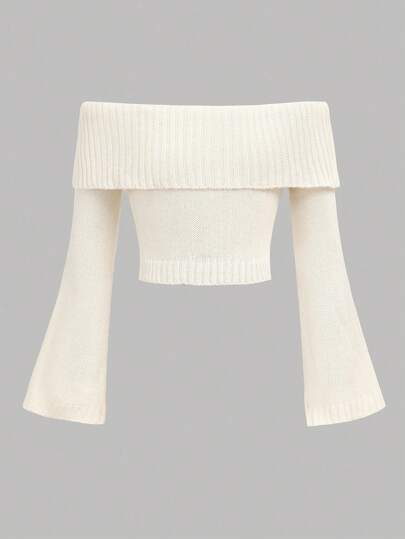 Girlism Maglione corto a maniche a sbuffo senza spalle in maglia per ragazze pre-adolescenti, in bianco mandorla, elegante abbigliamento in maglia per teenager adatto per autunno/inverno, Natale, feste