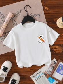 年轻女孩休闲时尚舒适可爱卡通百搭鬼与铅笔格纹印花短袖圆领T恤，夏季 - 白色 - 查看 3