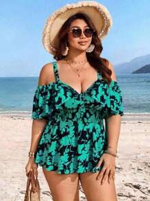 Swim Lushoire Plus Size Random Print Off Shoulder Adjustable Strap 2 Pieces Modest & Fashionable Tankini Swimsuit For Summer Beach Vacation - Green - View 3