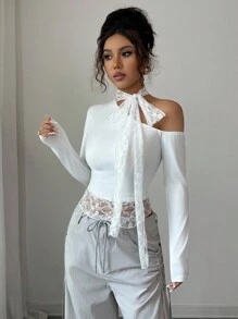 INAWLY Blusa asimétrica de manga larga con escote halter, parches de encaje francés sexy y cordones, para otoño/invierno - Blanco - Ver 8