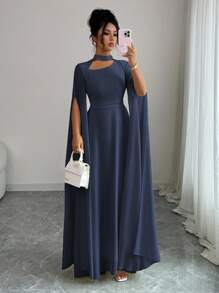 Elenzga Váy đi biển phong cách Pháp lãng mạn thanh lịch dành cho nữ, vải voan mỏng, cổ khoét sâu, dây buộc chéo sau lưng, chân váy maxi xòe, tay dài, xẻ tà, thích hợp cho tiệc trà chiều, tiệc tùng, phong cách Trung Đông, xuân/hè - Màu xanh hải quân - Xem 6