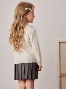 PrepCrw 女童学院风翻领纽扣针织开衫，适合秋冬季穿着。 - 白色 - 查看 2