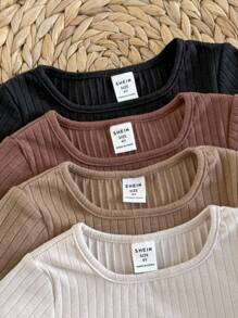 Emery Rose Kids Emery Rose Kids 4件套少女针织纯色条纹圆领修身休闲T恤