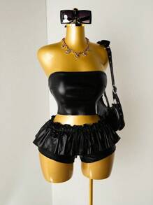 BamGleam Chic Autumn Summer Sexy Solid Color Ruffle Hem Mini Shorts - Black - View 3