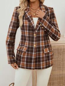 EMERY ROSE Women's Shoulder Padded Long Sleeve Brown Plaid Lapel Single-Breasted Blazer,Summer Business Casual Office Jacket,Back-To-School Fashion Suit Jacket - Brown - View 7
