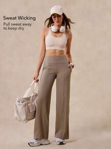 OutZeal 女士运动裤 日常休闲居家服 柔软针织面料 吸汗速干 高腰直筒裤型 带口袋 - 卡其色 - 查看 3
