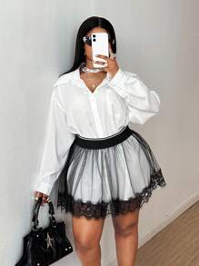 Maweii 大码衬衫和网眼裙两件套 - 黑與白 - 查看 1