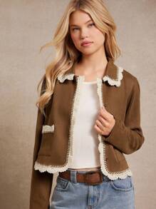 WESTFADE Faux Suede & Crochet Lace Collared Button Front Boxy Jacket Back To School Country Western Fall Vintage - Brown - View 1