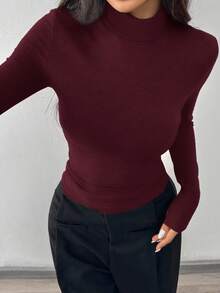 SHEIN EZwear Encore 红色针织高领紧身长袖T恤女款长袖上衣高领上衣，红色紧身上衣 - 酒紅色 - 查看 3