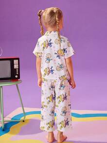 Nick 90s | SHEIN 2pcs Young Girl Cute Cartoon Pattern Collar Button Short Sleeve Top And Long Pants Pajama Set - Beige - View 2