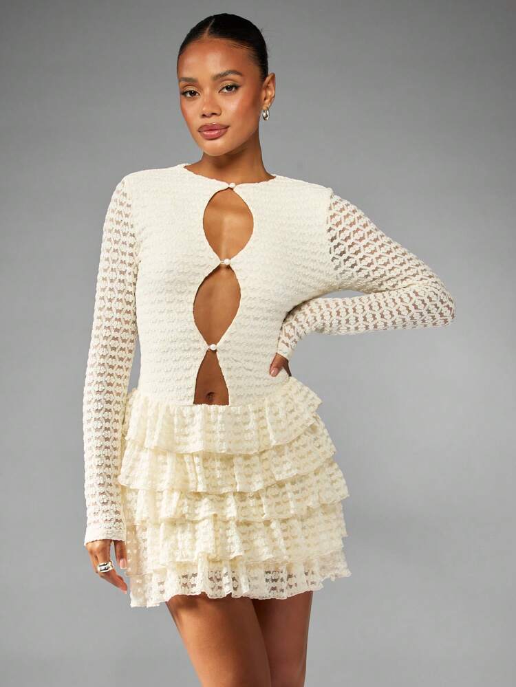 MISSGUIDED Ruffled Tier Mini Dress Crochet Lace Pearl Button Front Party Wedding Guest Formal Winter Long Sleeve Holiday Special Occasion