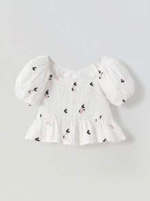 Maija Kids Maija Kids 年轻女孩花卉刺绣泡泡袖荷叶边下摆衬衫 - 白色 - 查看 2