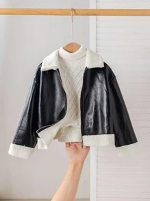 Young Girl Colorblock Thermal Lined Long Sleeve Jacket, Versatile For Autumn/Winter Fall - Black - View 10