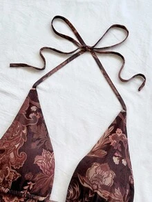 Soleia 女士度假棕色性感豹纹花卉印花深 V 领露背系带腰部荷叶边下摆迷你连衣裙，适合派对、婚礼、性感约会、下午茶、城市度假、音乐节、海滩度假、夏季服装，可作为沙滩裙在室内或室外穿着 - 鏽棕色 - 查看 5